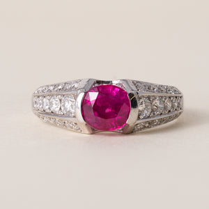Vintage Platinum 1.17 Carat Oval Burma Ruby and Diamond Ring