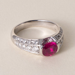 Vintage Platinum 1.17 Carat Oval Burma Ruby and Diamond Ring
