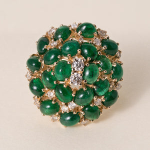 Vintage 14K Gold 7.50 Carats Emerald Cabochon Cluster Cocktail Ring