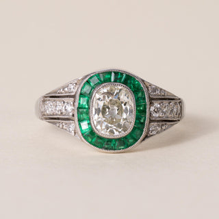 Art Deco Platinum 1.02 Old Mine Cut Cushion Diamond Emerald Halo Ring