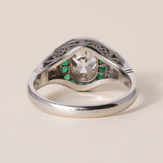 Art Deco Platinum 1.02 Old Mine Cut Cushion Diamond Emerald Halo Ring
