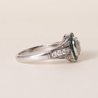 Art Deco Platinum 1.02 Old Mine Cut Cushion Diamond Emerald Halo Ring