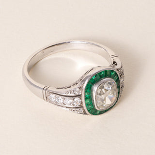 Art Deco Platinum 1.02 Old Mine Cut Cushion Diamond Emerald Halo Ring