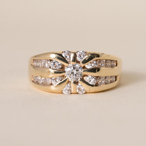 Vintage Starburst 14K Gold 1.45 Carats Diamond Channel Set Ring