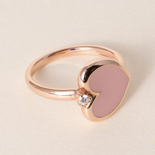 FIDIA Firenze Pink Enamel Heart & Diamond Ring in 18K Rose Gold