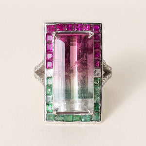 Vintage 18K Gold 10.83 CT Watermelon Tourmaline, Emerald, Ruby Diamond Ring