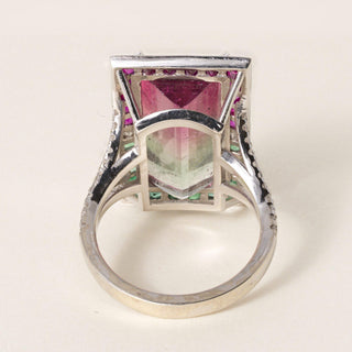 Vintage 18K Gold 10.83 CT Watermelon Tourmaline, Emerald, Ruby Diamond Ring