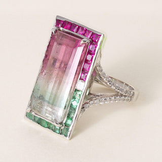 Vintage 18K Gold 10.83 CT Watermelon Tourmaline, Emerald, Ruby Diamond Ring