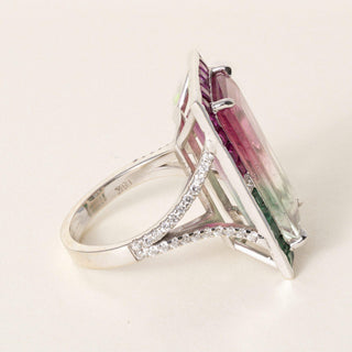 Vintage 18K Gold 10.83 CT Watermelon Tourmaline, Emerald, Ruby Diamond Ring