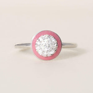 Vintage Inspired Platinum Pink Enamel Halo and Diamond Pace Circle Ring