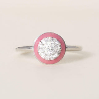 Vintage Inspired Platinum Pink Enamel Halo and Diamond Pace Circle Ring