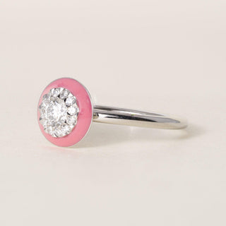 Vintage Inspired Platinum Pink Enamel Halo and Diamond Pace Circle Ring