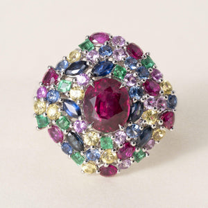 Estate 18-Karat Platinum Ruby and Multi color Tutti Frutti Style Cluster Ring