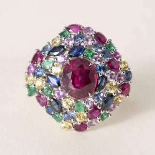 Estate 18-Karat Platinum Ruby and Multi color Tutti Frutti Style Cluster Ring