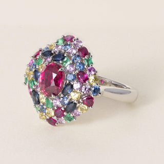 Estate 18-Karat Platinum Ruby and Multi color Tutti Frutti Style Cluster Ring