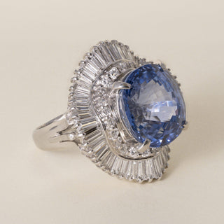 Vintage GIA Certified 11.70 CT Sapphire, 2.67 CT Diamond Platinum Ballerina Ring