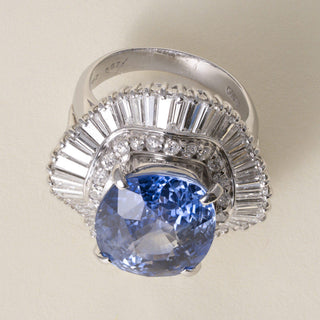 Vintage GIA Certified 11.70 CT Sapphire, 2.67 CT Diamond Platinum Ballerina Ring