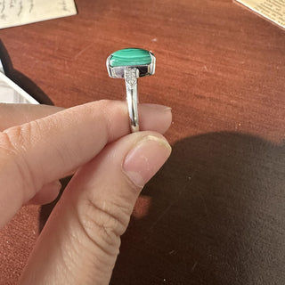 Vintage 13.5K  White Gold Malachite Cabochon and Diamond Cocktail Ring