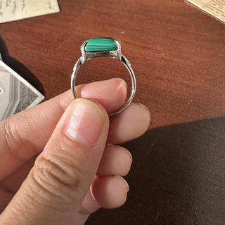 Vintage 13.5K  White Gold Malachite Cabochon and Diamond Cocktail Ring