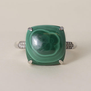 Vintage 13.5K  White Gold Malachite Cabochon and Diamond Cocktail Ring