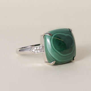 Vintage 13.5K  White Gold Malachite Cabochon and Diamond Cocktail Ring
