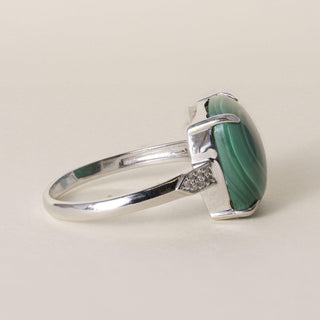 Vintage 13.5K  White Gold Malachite Cabochon and Diamond Cocktail Ring