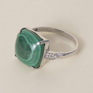 Vintage 13.5K  White Gold Malachite Cabochon and Diamond Cocktail Ring
