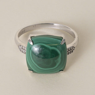Vintage 13.5K  White Gold Malachite Cabochon and Diamond Cocktail Ring