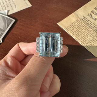 Vintage 14K White Gold 24 Carat Emerald Cut Aquamarine and Diamond Cocktail Ring