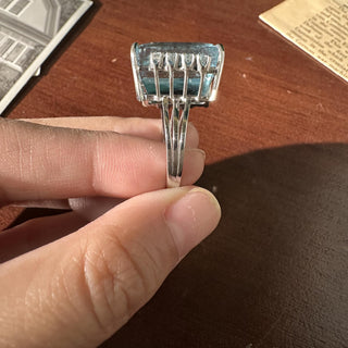 Vintage 14K White Gold 24 Carat Emerald Cut Aquamarine and Diamond Cocktail Ring