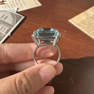 Vintage 14K White Gold 24 Carat Emerald Cut Aquamarine and Diamond Cocktail Ring