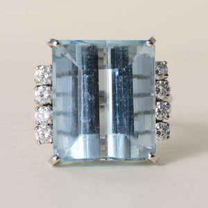 Vintage 14K White Gold 24 Carat Emerald Cut Aquamarine and Diamond Cocktail Ring