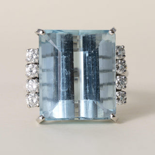 Vintage 14K White Gold 24 Carat Emerald Cut Aquamarine and Diamond Cocktail Ring