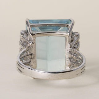 Vintage 14K White Gold 24 Carat Emerald Cut Aquamarine and Diamond Cocktail Ring