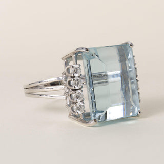 Vintage 14K White Gold 24 Carat Emerald Cut Aquamarine and Diamond Cocktail Ring