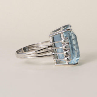 Vintage 14K White Gold 24 Carat Emerald Cut Aquamarine and Diamond Cocktail Ring