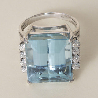Vintage 14K White Gold 24 Carat Emerald Cut Aquamarine and Diamond Cocktail Ring