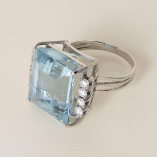 Vintage 14K White Gold 24 Carat Emerald Cut Aquamarine and Diamond Cocktail Ring