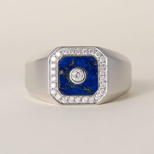 Vintage 14K White Gold Lapis Lazuli and 0.40 Carat Diamond Bezel Signet Ring
