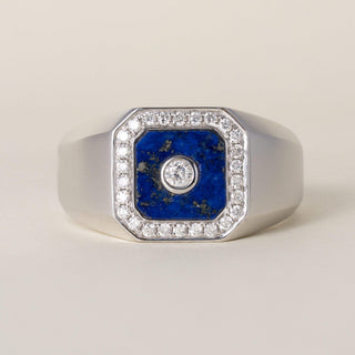 Vintage 14K White Gold Lapis Lazuli and 0.40 Carat Diamond Bezel Signet Ring