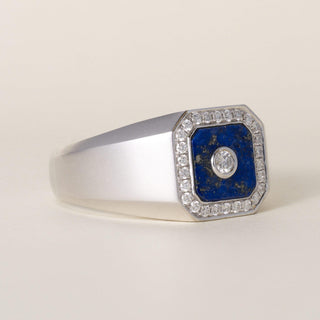 Vintage 14K White Gold Lapis Lazuli and 0.40 Carat Diamond Bezel Signet Ring