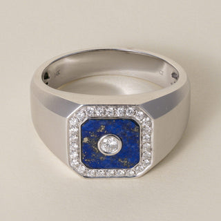 Vintage 14K White Gold Lapis Lazuli and 0.40 Carat Diamond Bezel Signet Ring