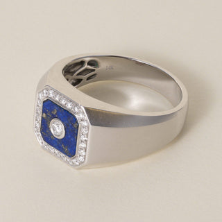 Vintage 14K White Gold Lapis Lazuli and 0.40 Carat Diamond Bezel Signet Ring