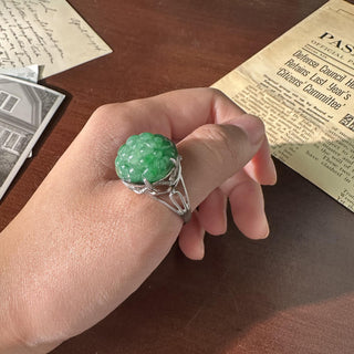 Estate 18K White Gold Carved Natural Jade and 0.35 Carat Diamond Dome Ring