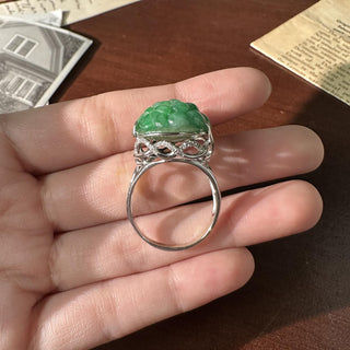 Estate 18K White Gold Carved Natural Jade and 0.35 Carat Diamond Dome Ring
