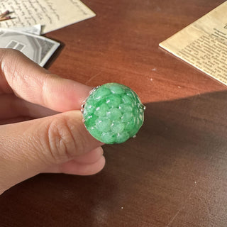 Estate 18K White Gold Carved Natural Jade and 0.35 Carat Diamond Dome Ring