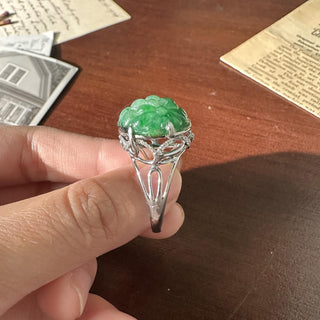 Estate 18K White Gold Carved Natural Jade and 0.35 Carat Diamond Dome Ring