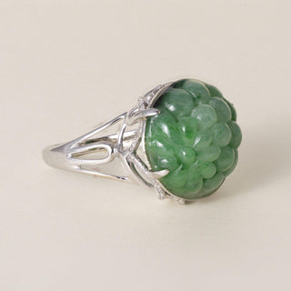 Estate 18K White Gold Carved Natural Jade and 0.35 Carat Diamond Dome Ring