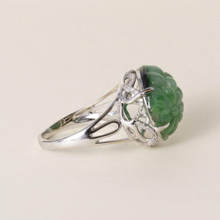 Estate 18K White Gold Carved Natural Jade and 0.35 Carat Diamond Dome Ring