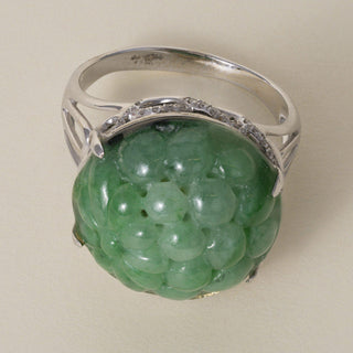Estate 18K White Gold Carved Natural Jade and 0.35 Carat Diamond Dome Ring